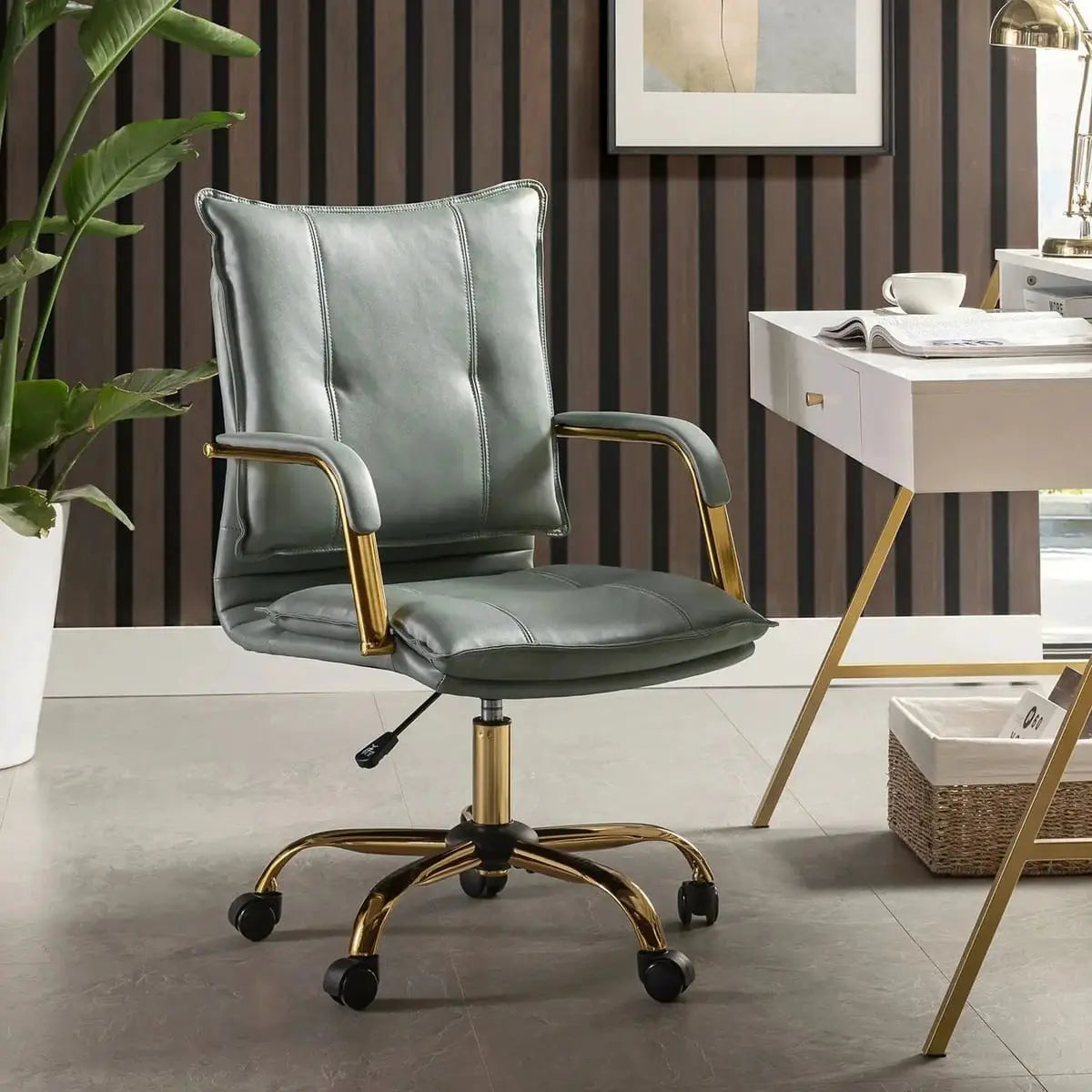 Modern Executive Black Faux Leather Office Chair Gold Base - Ergonomic Swivel & Adjustable Height for Professionals. Platinum-Level Office Chairs