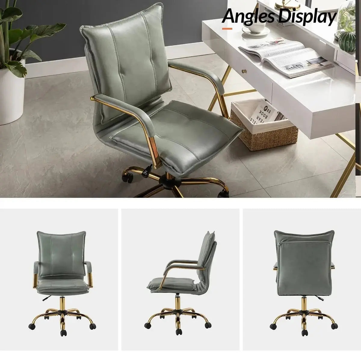 Modern Executive Black Faux Leather Office Chair Gold Base - Ergonomic Swivel & Adjustable Height for Professionals. Platinum-Level Office Chairs
