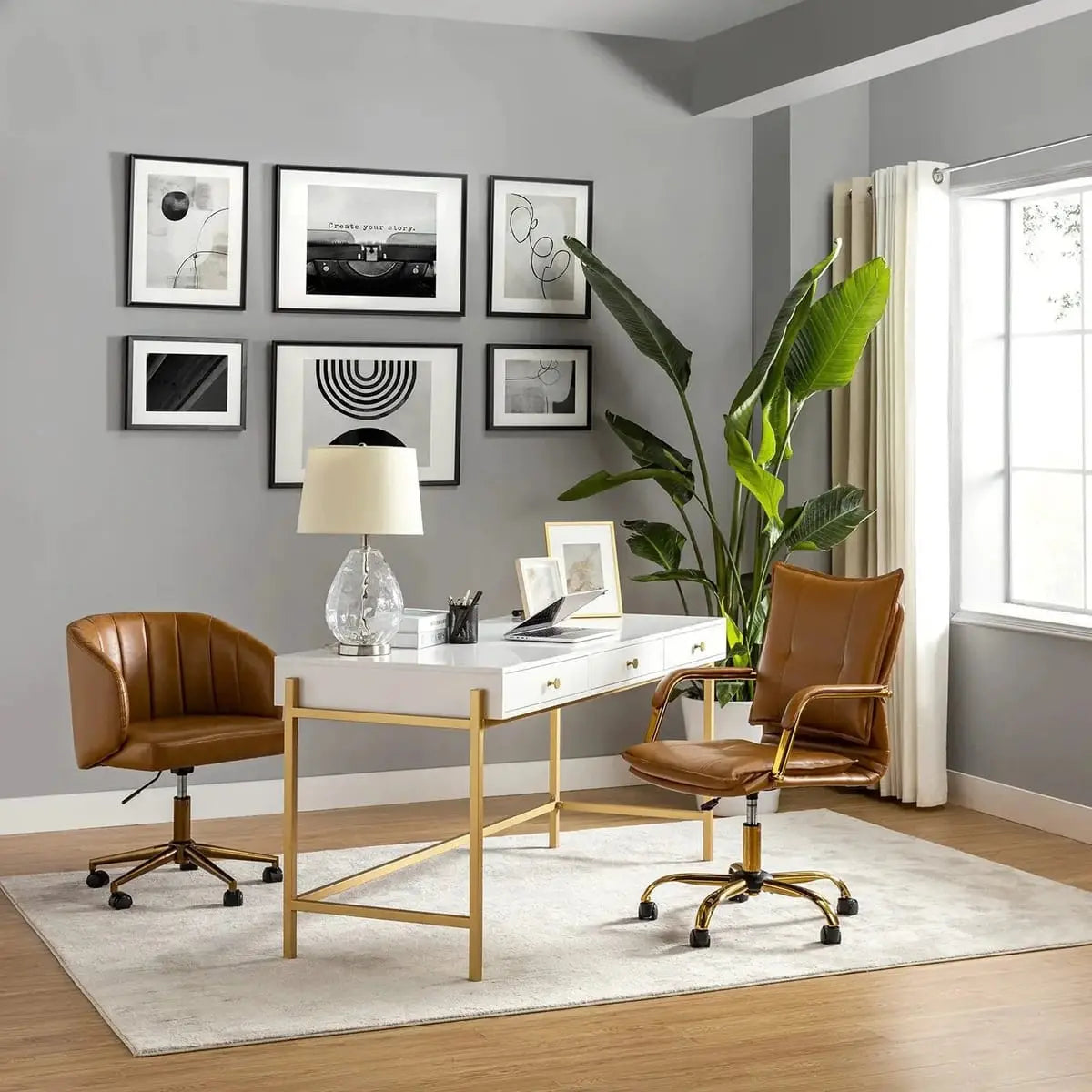 Modern Executive Black Faux Leather Office Chair Gold Base - Ergonomic Swivel & Adjustable Height for Professionals. Platinum-Level Office Chairs