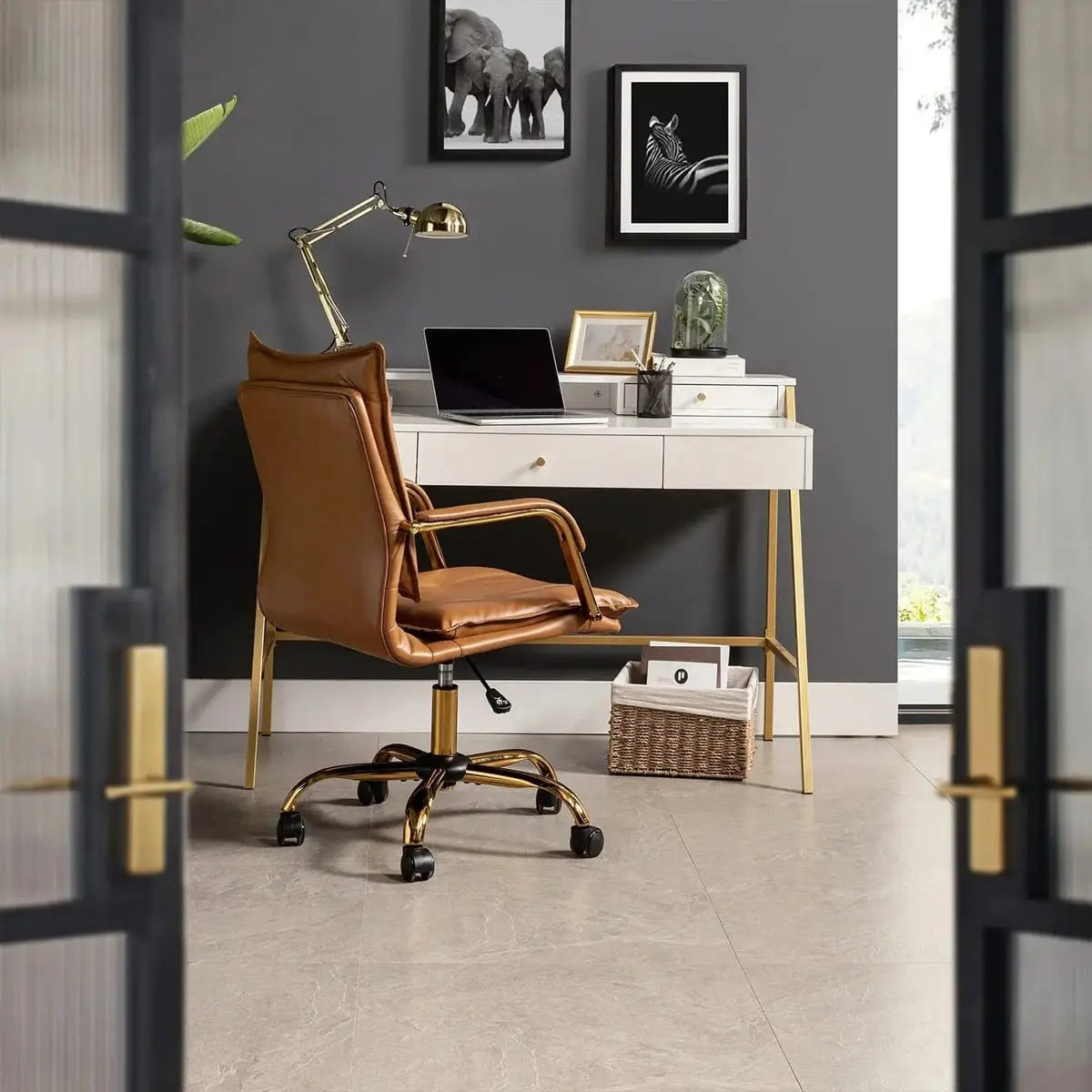 Modern Executive Black Faux Leather Office Chair Gold Base - Ergonomic Swivel & Adjustable Height for Professionals. Platinum-Level Office Chairs