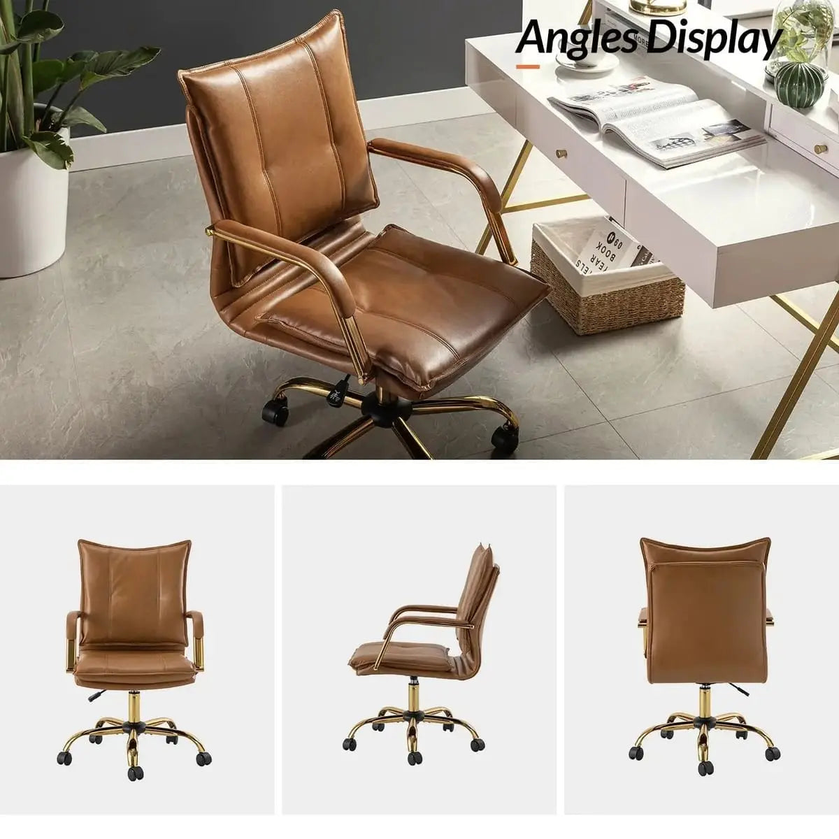 Modern Executive Black Faux Leather Office Chair Gold Base - Ergonomic Swivel & Adjustable Height for Professionals. Platinum-Level Office Chairs