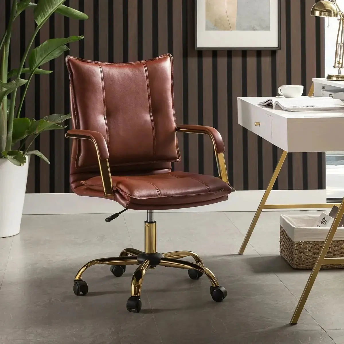 Modern Executive Black Faux Leather Office Chair Gold Base - Ergonomic Swivel & Adjustable Height for Professionals. Platinum-Level Office Chairs
