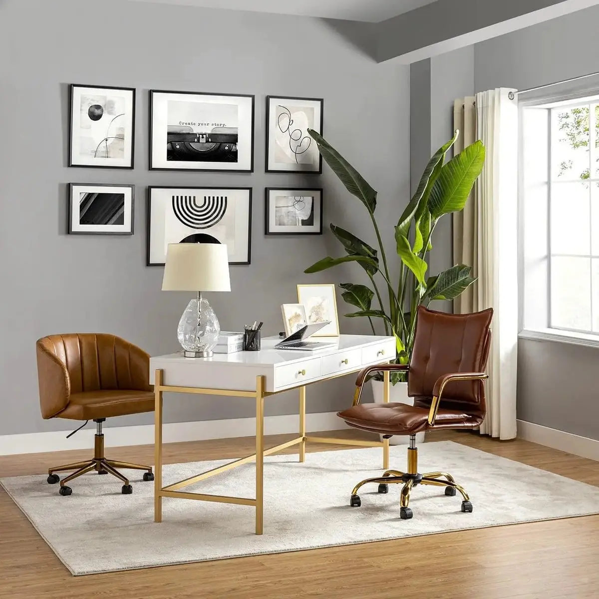 Modern Executive Black Faux Leather Office Chair Gold Base - Ergonomic Swivel & Adjustable Height for Professionals. Platinum-Level Office Chairs