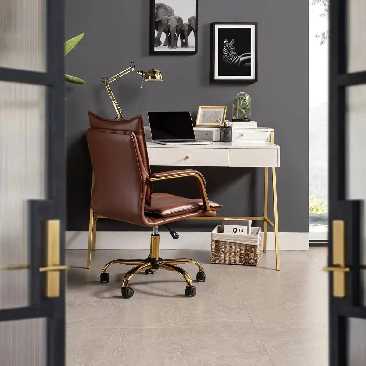 Modern Executive Black Faux Leather Office Chair Gold Base - Ergonomic Swivel & Adjustable Height for Professionals. Platinum-Level Office Chairs