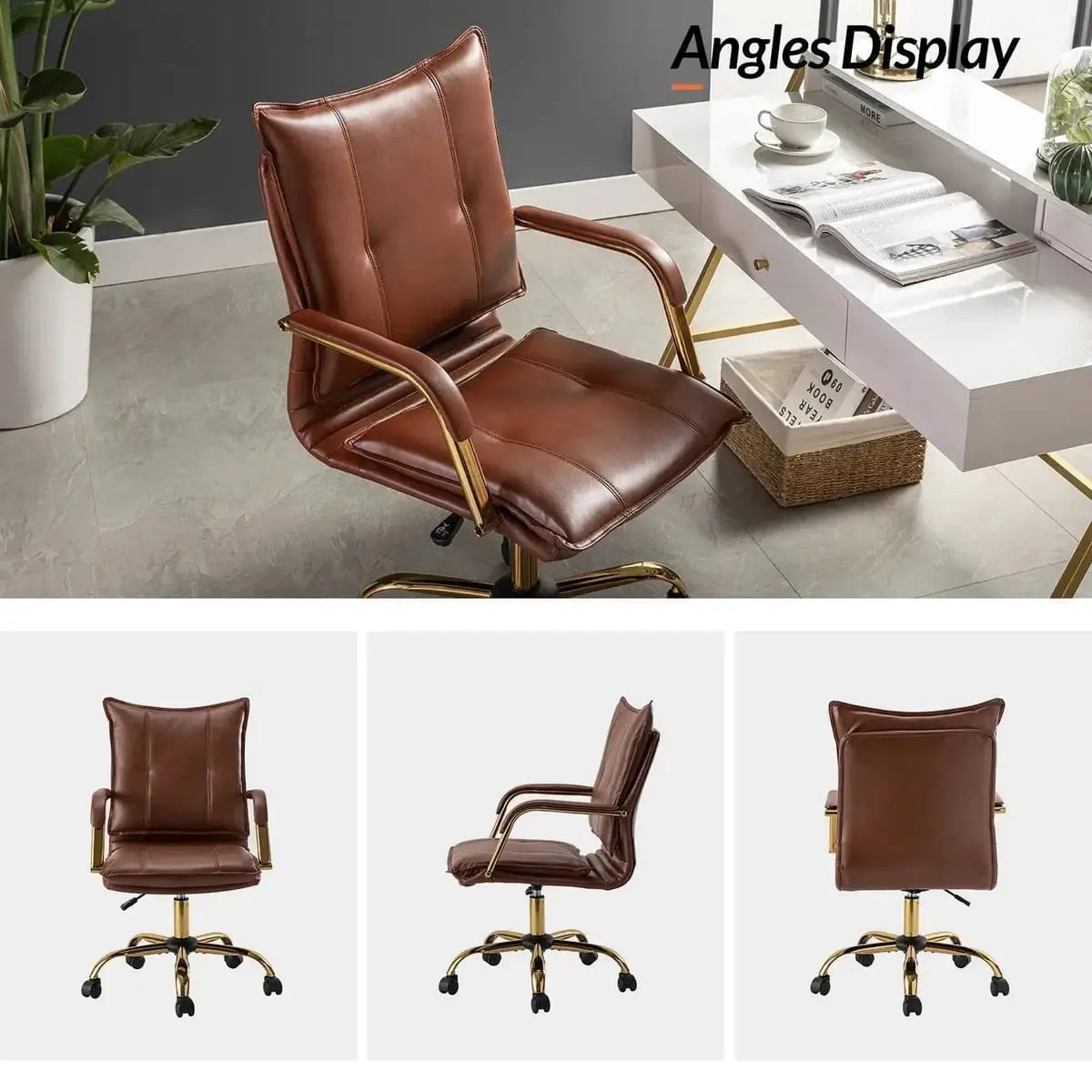 Modern Executive Black Faux Leather Office Chair Gold Base - Ergonomic Swivel & Adjustable Height for Professionals. Platinum-Level Office Chairs