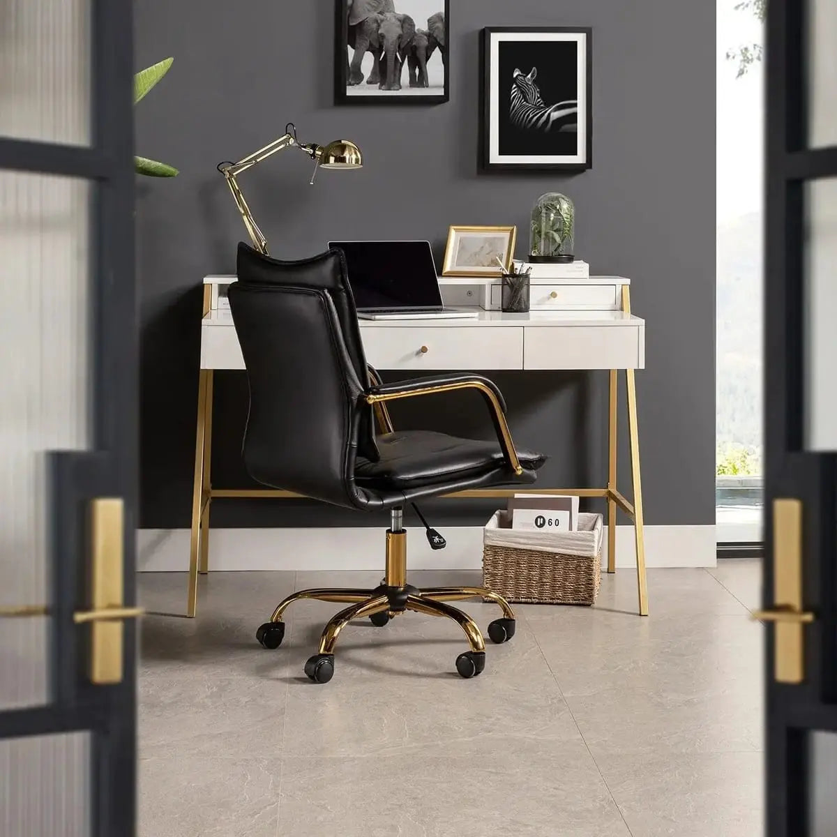Modern Executive Black Faux Leather Office Chair Gold Base - Ergonomic Swivel & Adjustable Height for Professionals. Platinum-Level Office Chairs