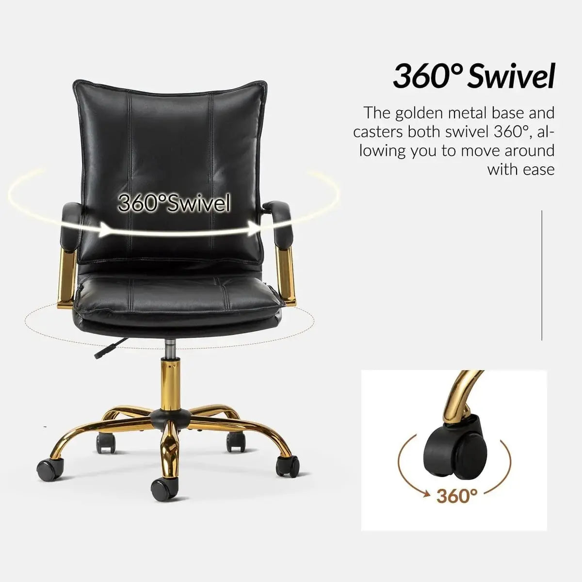 Modern Executive Black Faux Leather Office Chair Gold Base - Ergonomic Swivel & Adjustable Height for Professionals. Platinum-Level Office Chairs