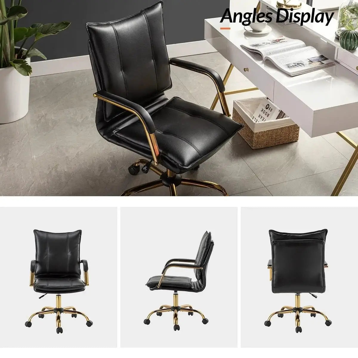 Modern Executive Black Faux Leather Office Chair Gold Base - Ergonomic Swivel & Adjustable Height for Professionals. Platinum-Level Office Chairs