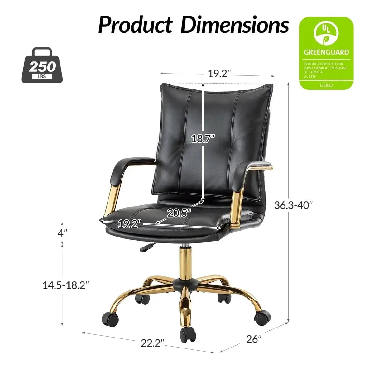 Modern Executive Black Faux Leather Office Chair Gold Base - Ergonomic Swivel & Adjustable Height for Professionals. Platinum-Level Office Chairs
