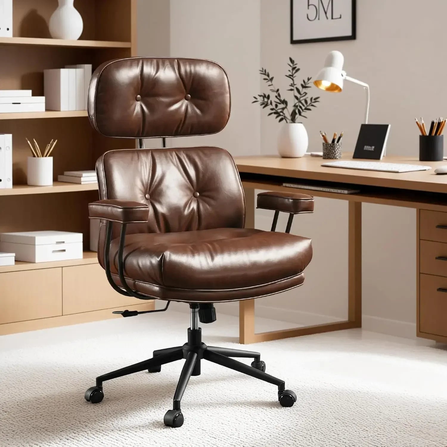 Ergonomic Mid Century Modern Leather Office Chair with Lumbar Support - Platinum-Level Office Chairs