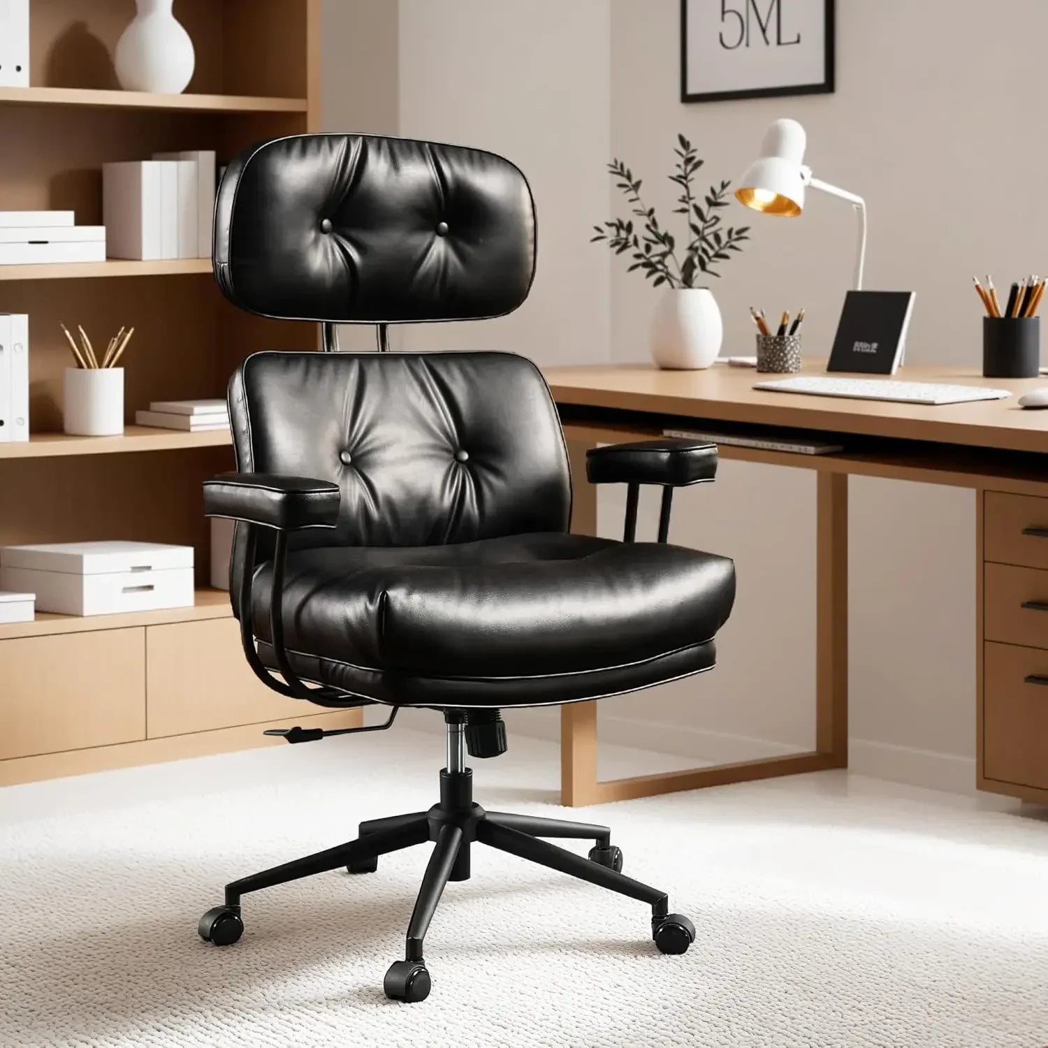 Ergonomic Mid Century Modern Leather Office Chair with Lumbar Support - Platinum-Level Office Chairs