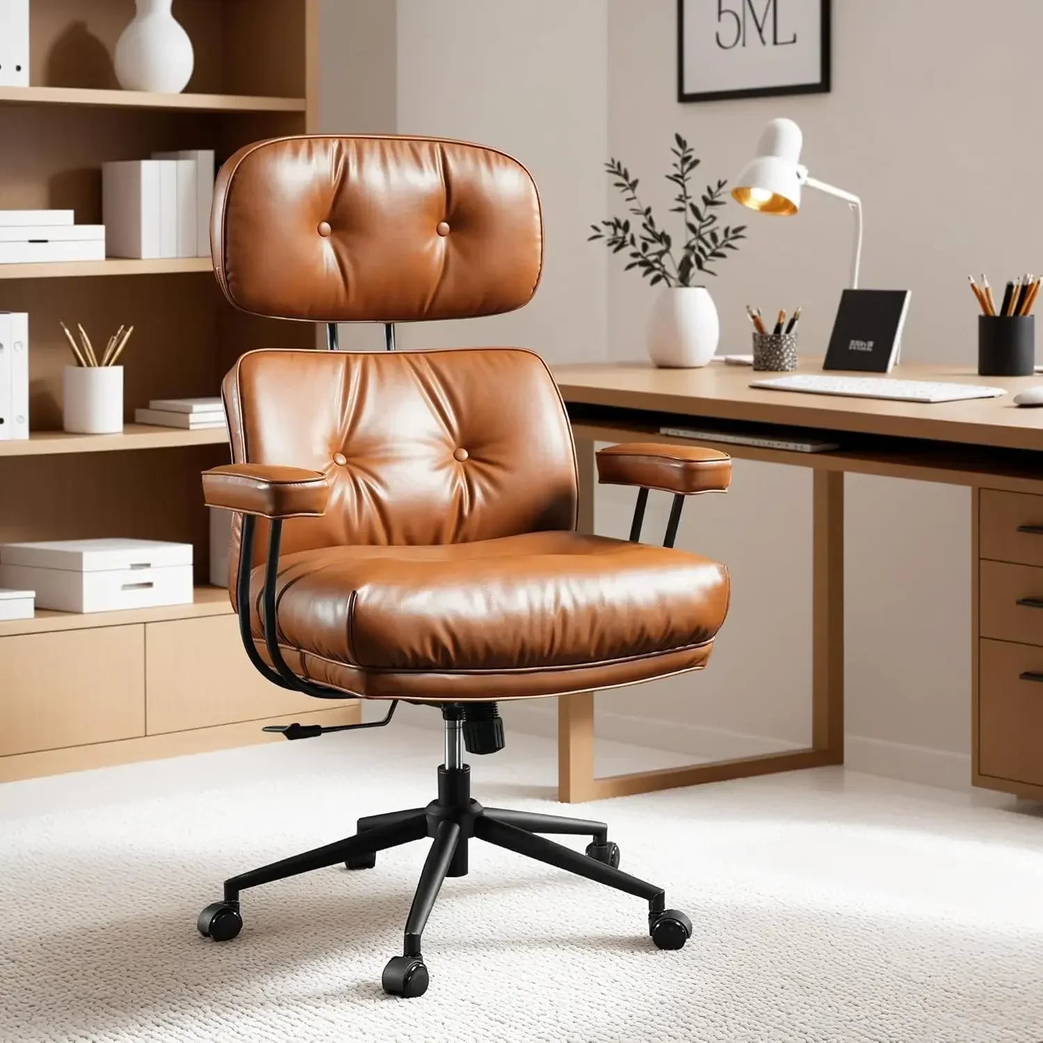Ergonomic Mid Century Modern Leather Office Chair with Lumbar Support - Platinum-Level Office Chairs