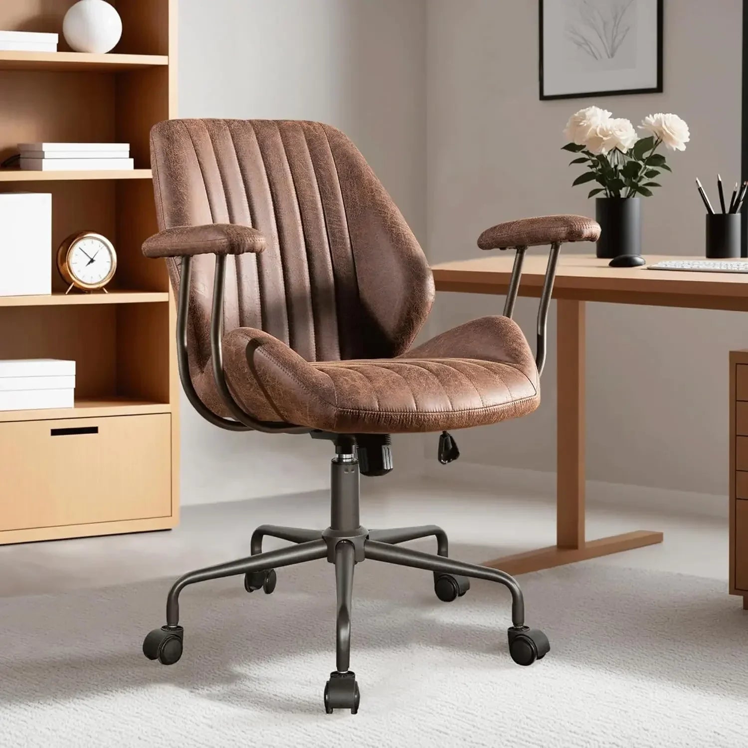 Ergonomic Mid Century Modern Leather Office Chair with Lumbar Support - Platinum-Level Office Chairs