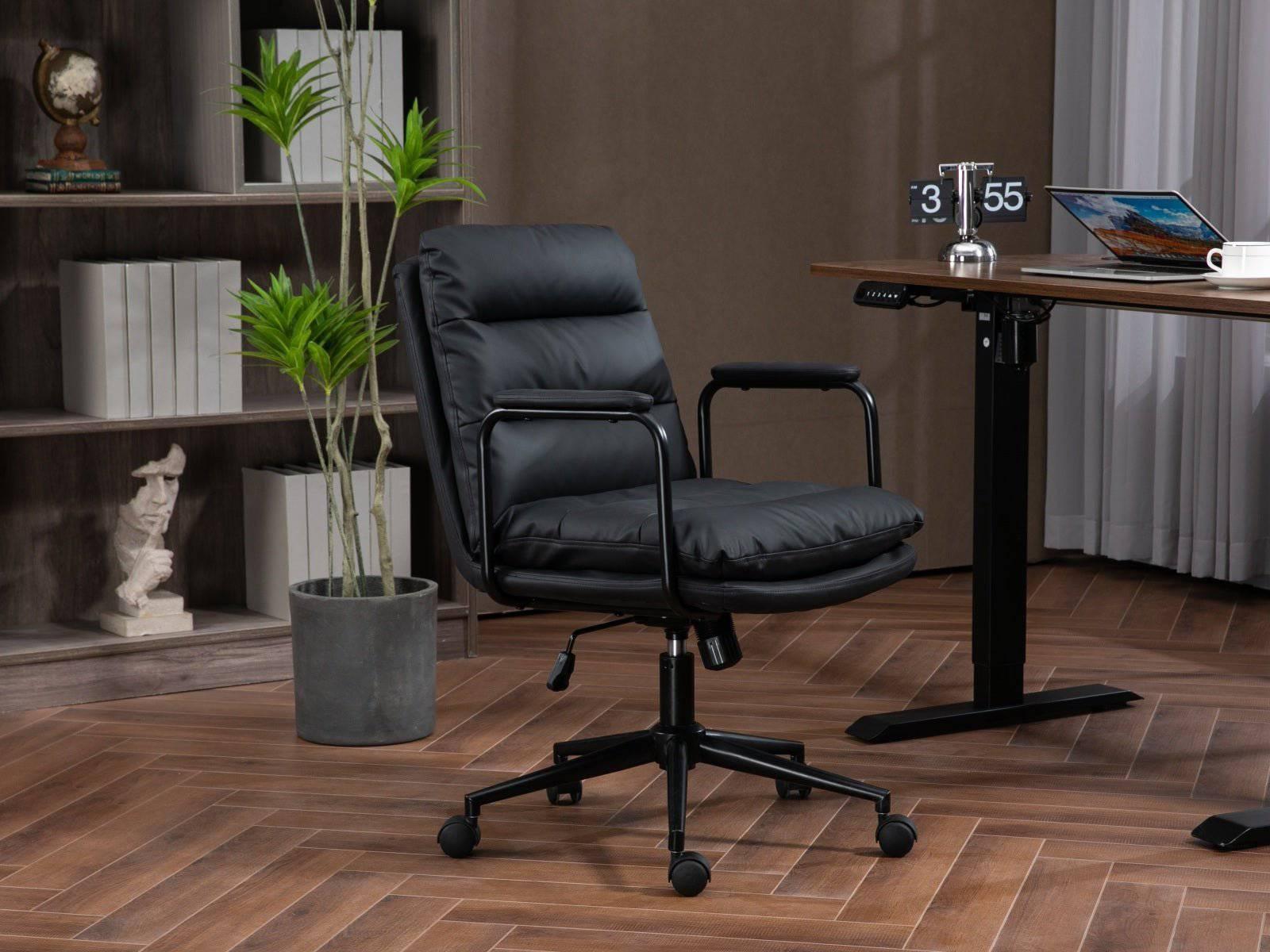 Ergonomic Mid Back Rolling Desk Chair with Adjustable Height and 40° Recline, PU Leather, Padded Armrest, Black - Platinum-Level Office Chairs