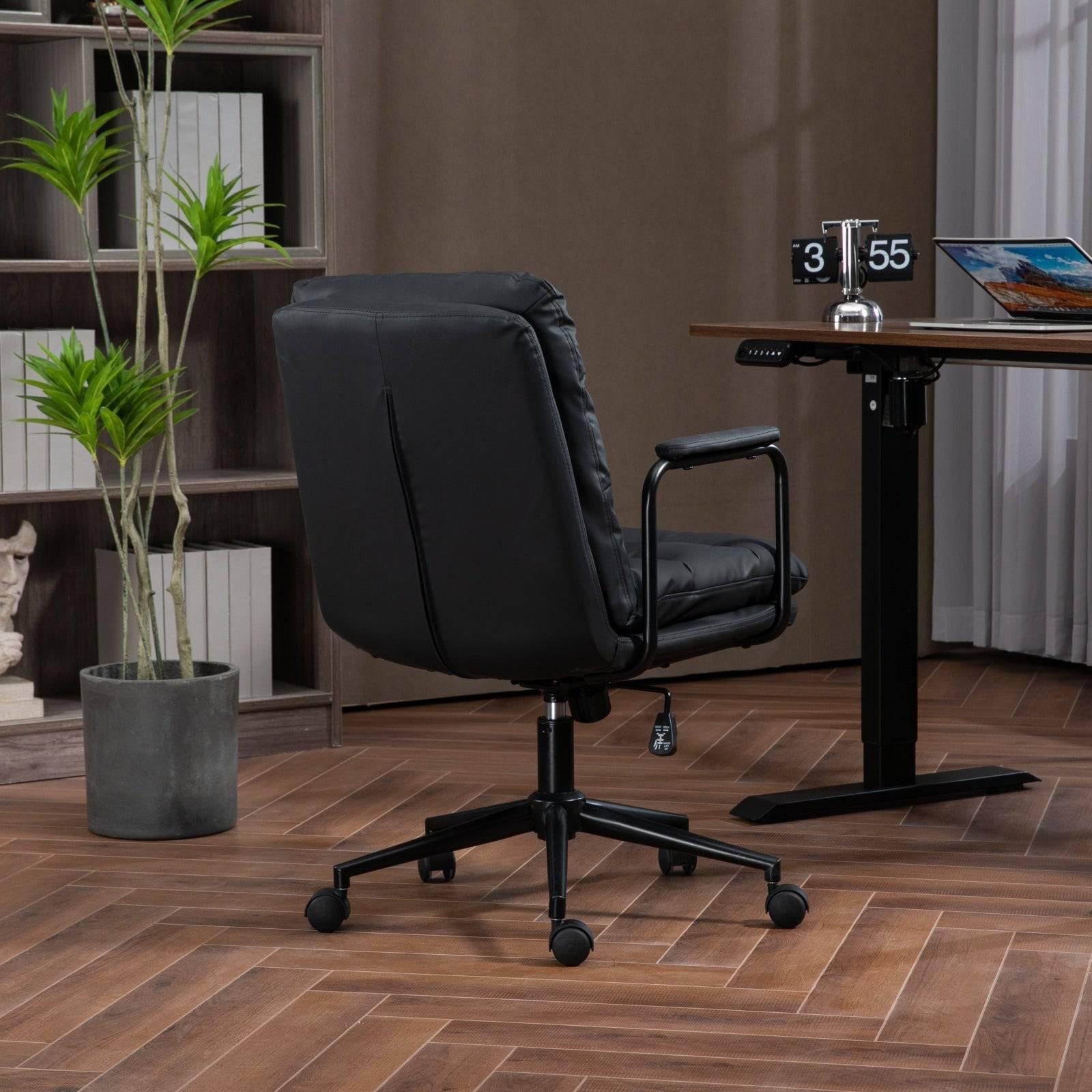 Ergonomic Mid Back Rolling Desk Chair with Adjustable Height and 40° Recline, PU Leather, Padded Armrest, Black - Platinum-Level Office Chairs