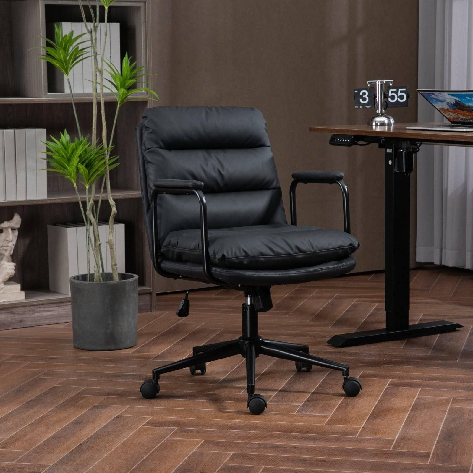 Ergonomic Mid Back Rolling Desk Chair with Adjustable Height and 40° Recline, PU Leather, Padded Armrest, Black - Platinum-Level Office Chairs
