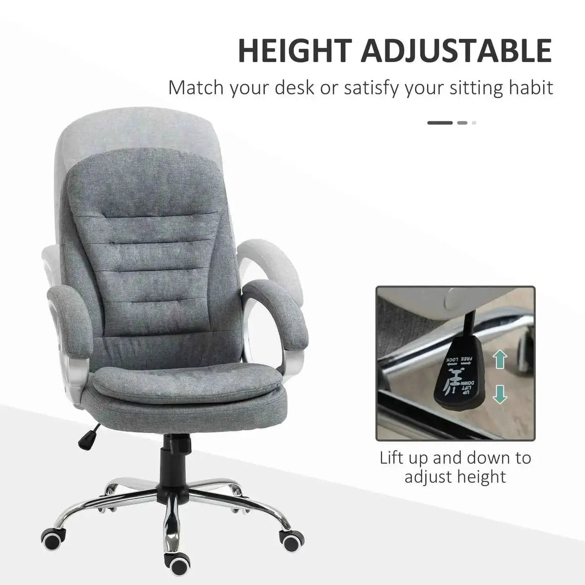 Ergonomic High Back Executive Office Chair with Adjustable Height, Plush Armrests, Lumbar Support, Light Grey Linen - Platinum-Level Office Chairs