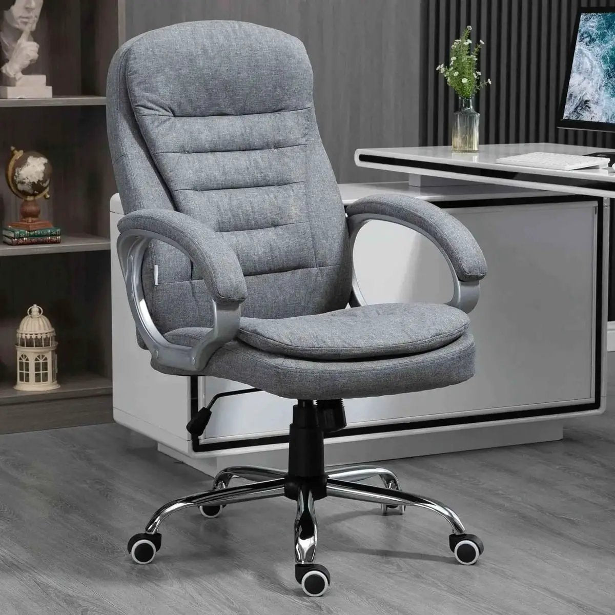 Ergonomic High Back Executive Office Chair with Adjustable Height, Plush Armrests, Lumbar Support, Light Grey Linen - Platinum-Level Office Chairs