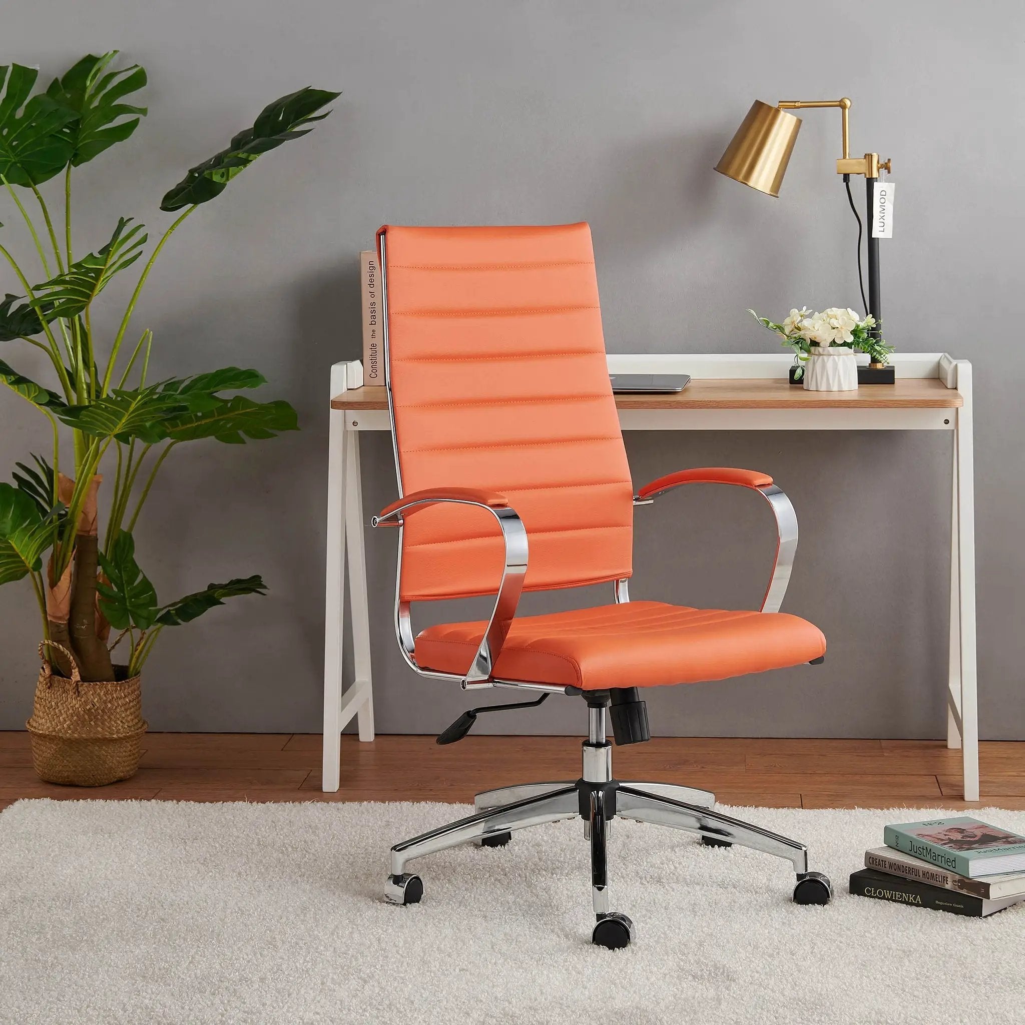 Orange modern ergonomic faux leather home office chair by Platinum-Level Office Chairs with adjustable features and a sleek design.
