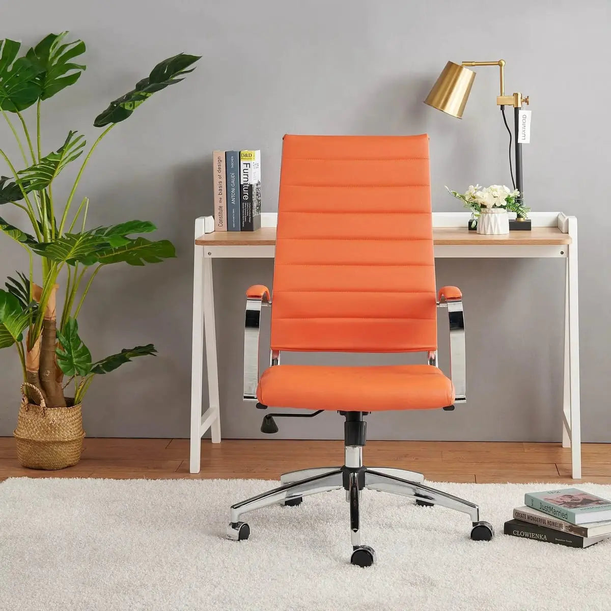 Orange modern ergonomic faux leather home office chair by Platinum-Level Office Chairs, with a sleek design and adjustable features.