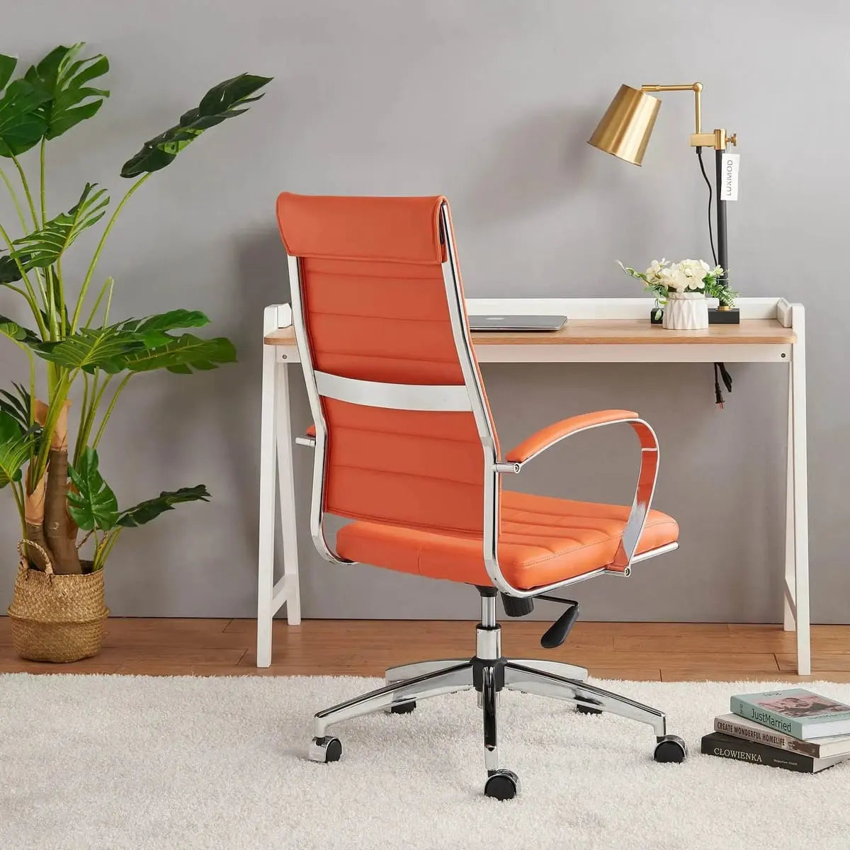 Orange modern ergonomic faux leather office chair by Platinum-Level Office Chairs, designed for home or office use.