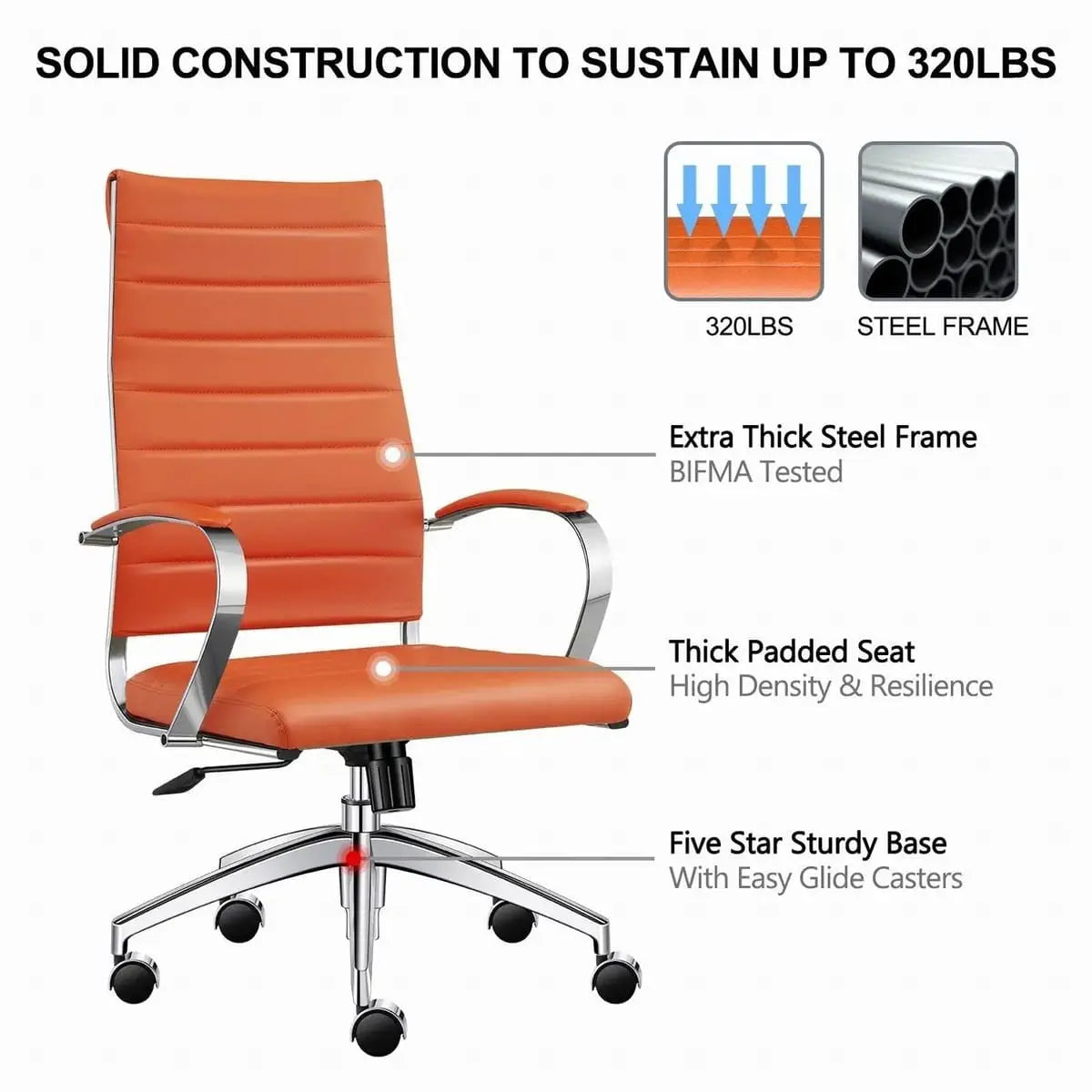 Modern ergonomic faux leather home office chair by Platinum-Level Office Chairs, orange color with padded armrests and adjustable height