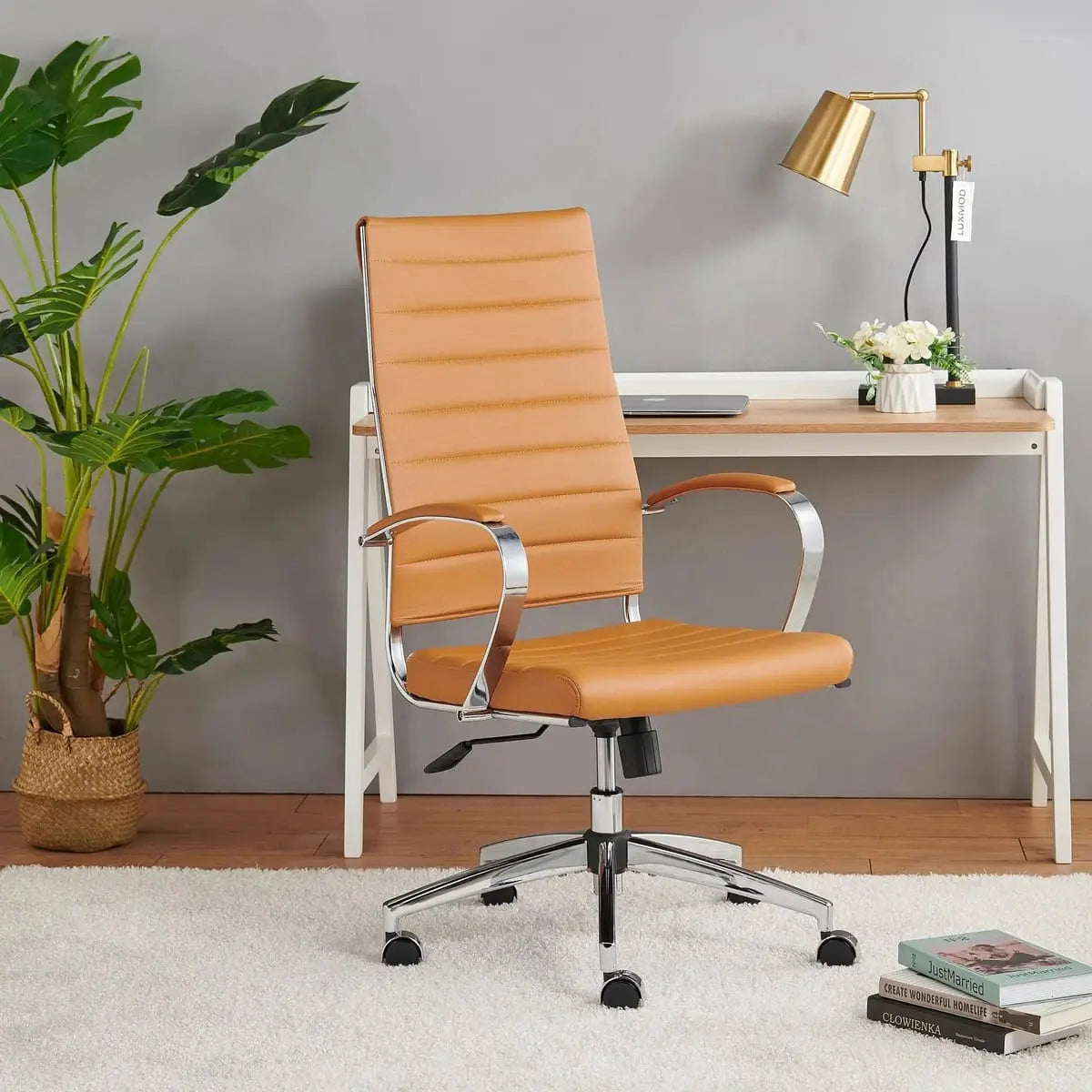 Modern ergonomic faux leather office chair by Platinum-Level Office Chairs, featuring an orange home office chair design and adjustable armrests.