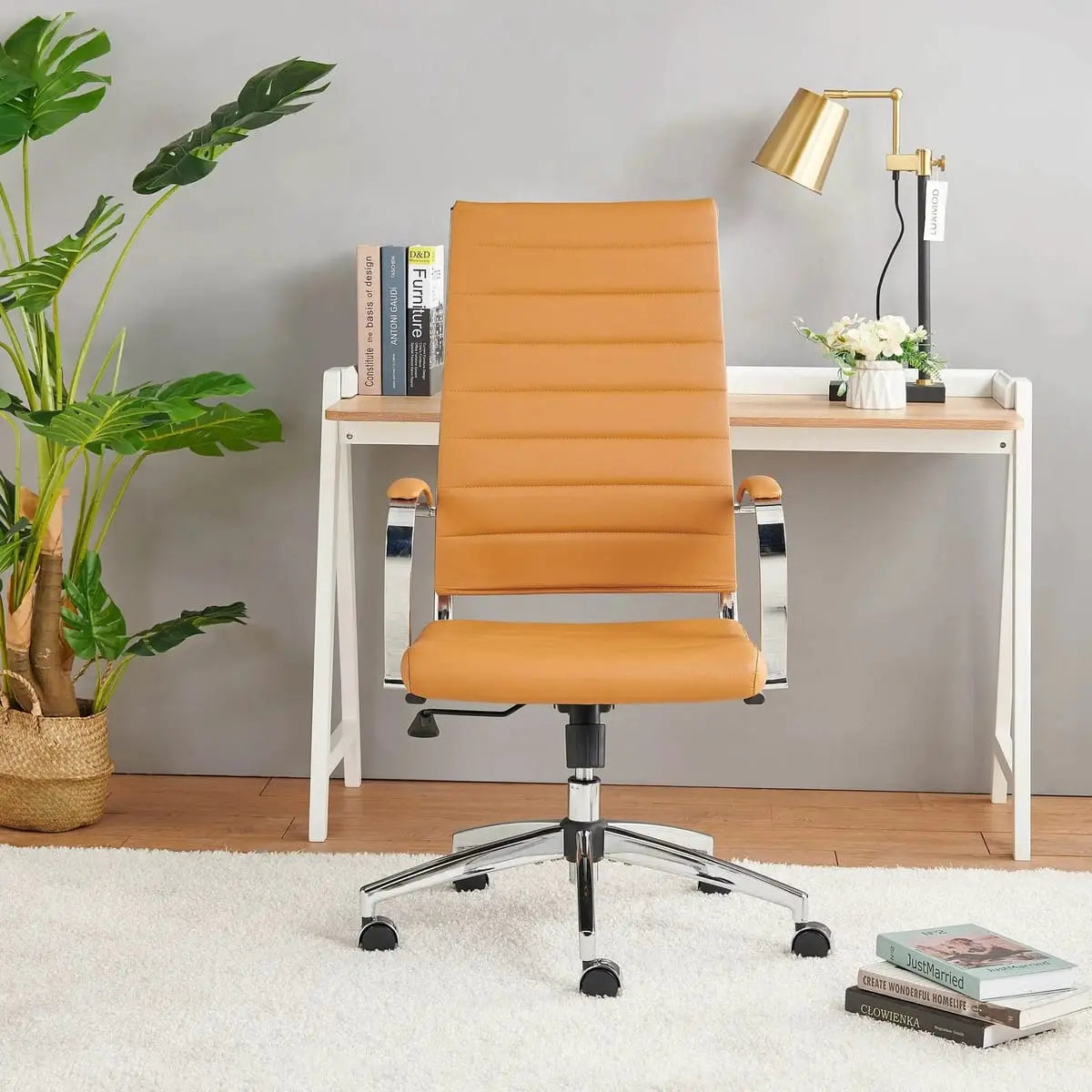 Modern orange ergonomic faux leather office chair by Platinum-Level Office Chairs, designed for home or office use.