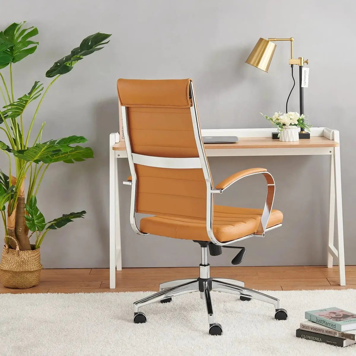 Modern orange ergonomic faux leather home office chair by Platinum-Level Office Chairs with adjustable height and cushioned seat.