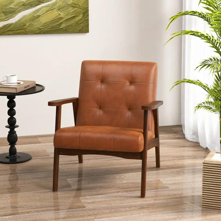 Light brown mid-century modern accent chair by Platinum-Level Office Chairs, featuring luxurious comfort and solid rubber construction.