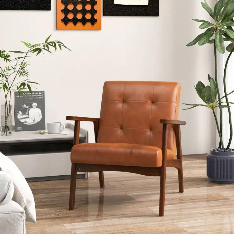 Light brown mid-century modern accent chair by Platinum-Level Office Chairs, featuring luxurious comfort and solid rubber construction.