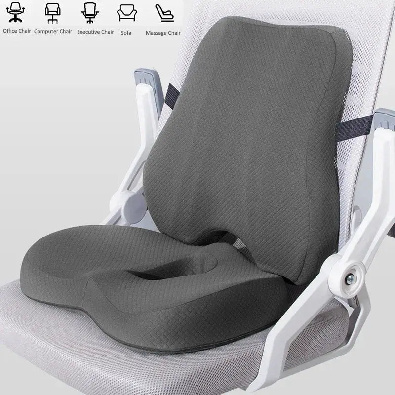 Blue ergonomic memory foam lumbar support and seat cushion set for office chairs, providing back and seat comfort.