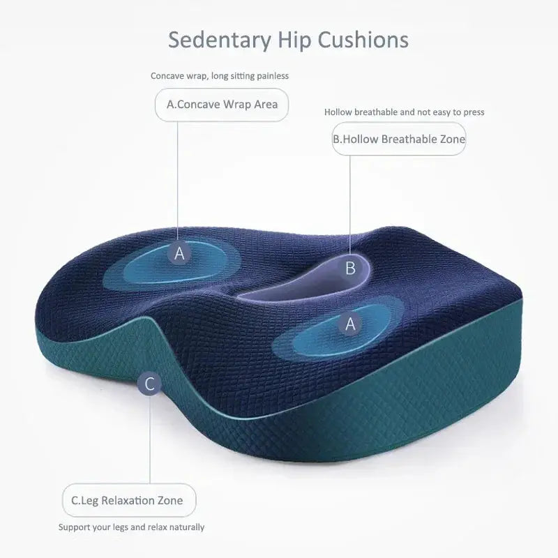 Blue ergonomic memory foam lumbar support and seat cushion set for office chairs, designed for back comfort and ergonomic support.