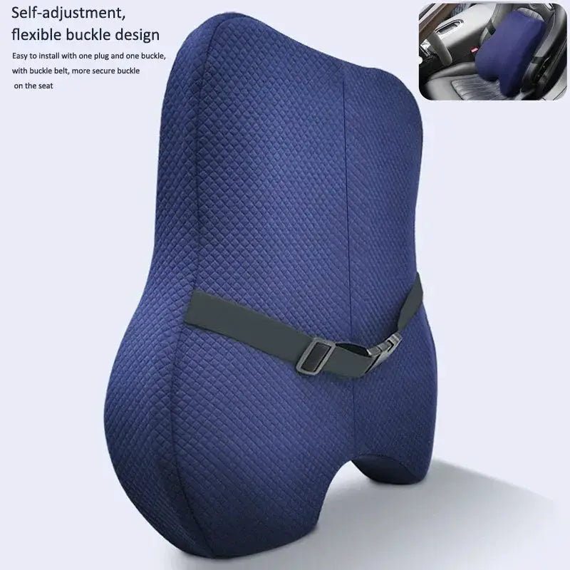 Blue ergonomic memory foam lumbar support and seat cushion set for office chairs, designed for back comfort and improved posture.