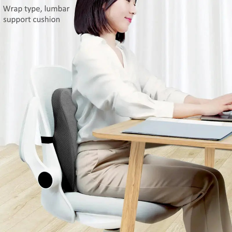 Blue ergonomic memory foam lumbar support and seat cushion set for office chairs, designed for back comfort and support.