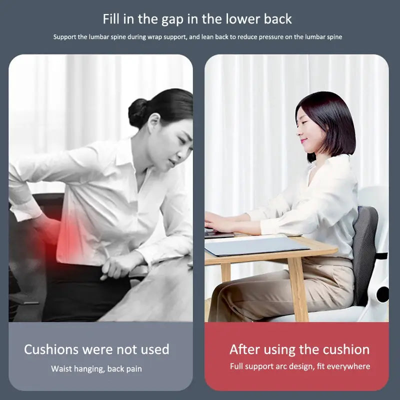 Blue ergonomic memory foam lumbar support and seat cushion set for office chairs, providing back and seat comfort.