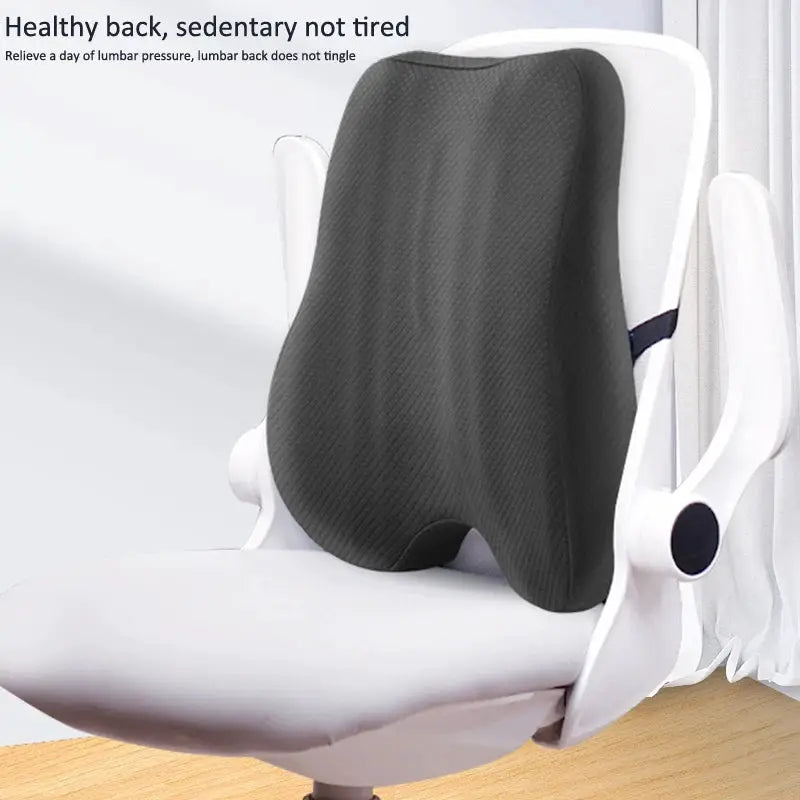 Blue ergonomic memory foam seat cushion and lumbar support set for office chairs, designed for back comfort and ergonomic support.