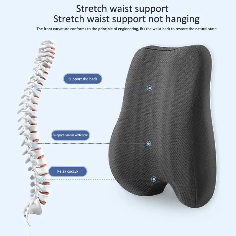 Blue ergonomic memory foam lumbar support and seat cushion set for office chairs, designed for back comfort and support.