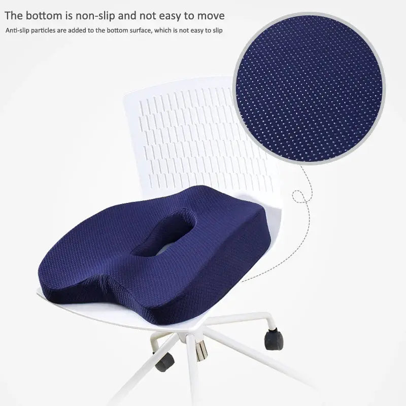 Blue ergonomic memory foam lumbar support and seat cushion set for office chairs, enhances back comfort and posture.
