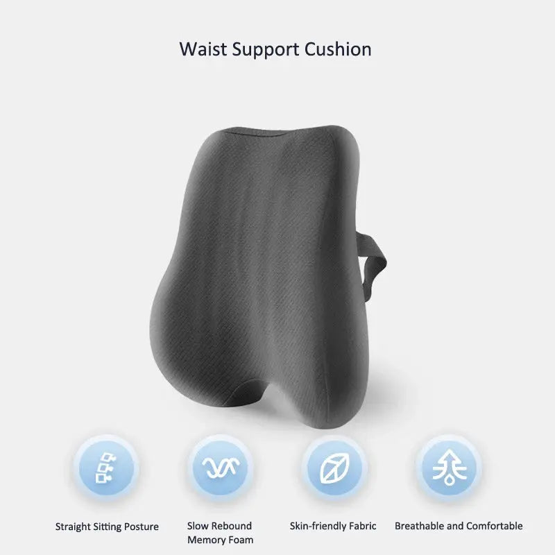 Blue ergonomic memory foam seat cushion and lumbar support set for office chairs, designed for back and seat comfort.