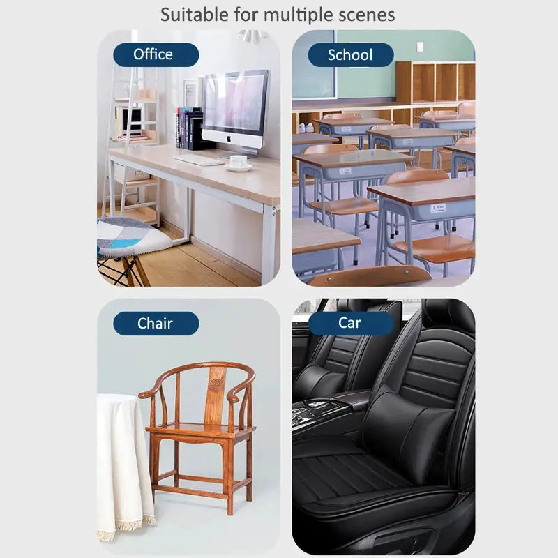 Blue ergonomic memory foam lumbar support and seat cushion set for office chairs, designed for back and seat comfort.
