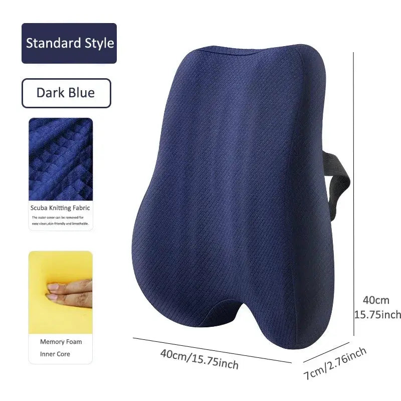 Blue ergonomic memory foam lumbar support and seat cushion set for office chairs, designed for back comfort and posture support.
