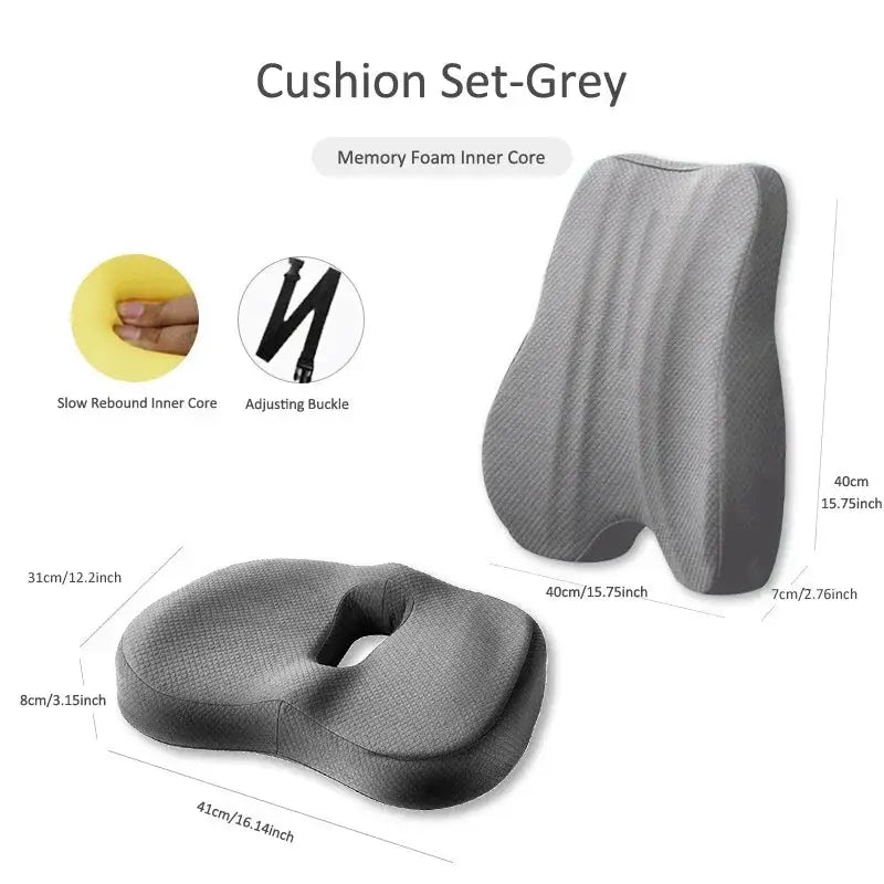 Blue ergonomic memory foam lumbar support and seat cushion set for office chairs, designed for back comfort and better posture.