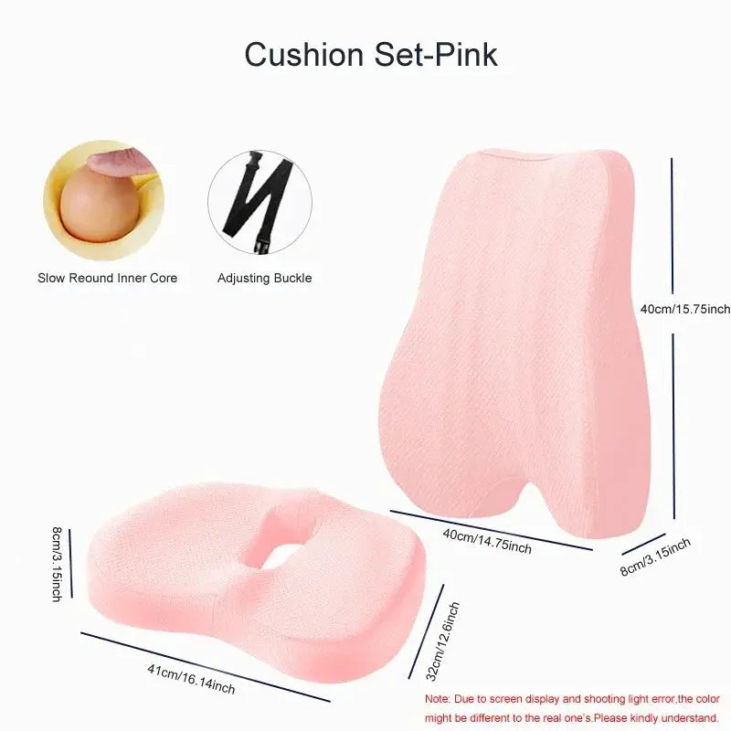 Blue ergonomic memory foam lumbar support and seat cushion set for office chairs, designed for back and seat comfort.