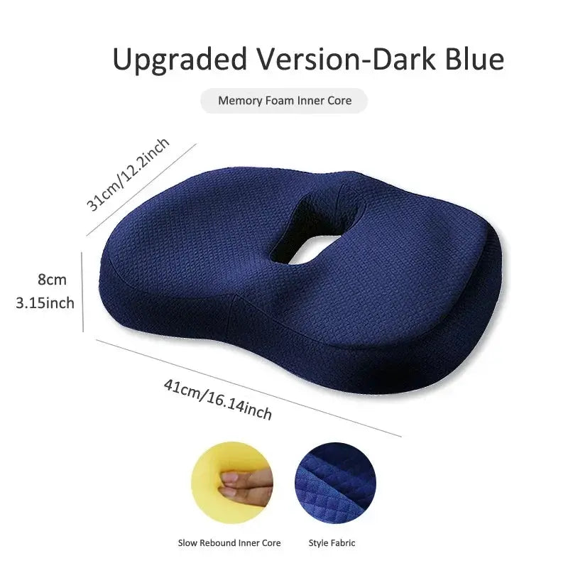 Blue ergonomic memory foam lumbar support and seat cushion set for office chairs, providing back support and comfort.