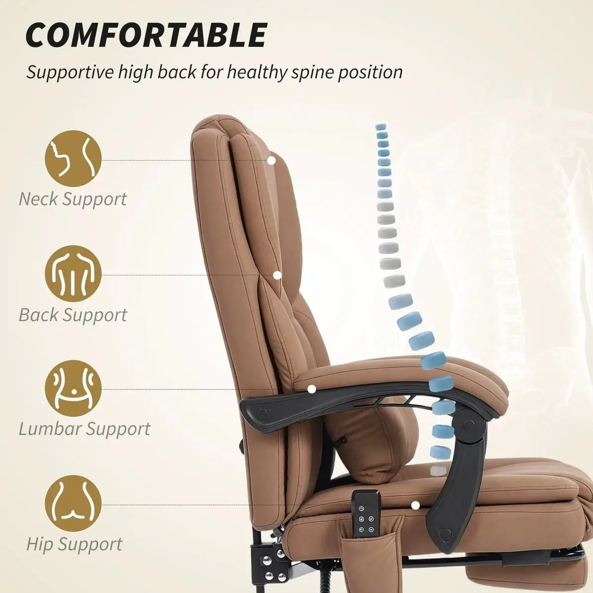 Brown Platinum-Level Office Chairs massage chair with reclining footrest and lumbar support, designed for ergonomic comfort.