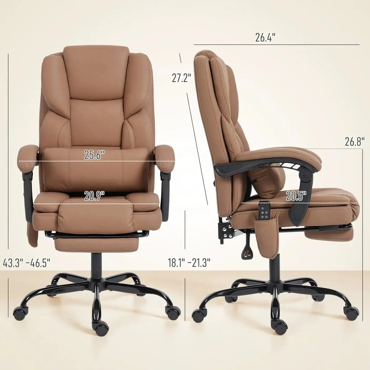 Brown Platinum-Level Office Chairs massage recliner with lumbar support and reclining footrest, designed for ergonomic comfort.