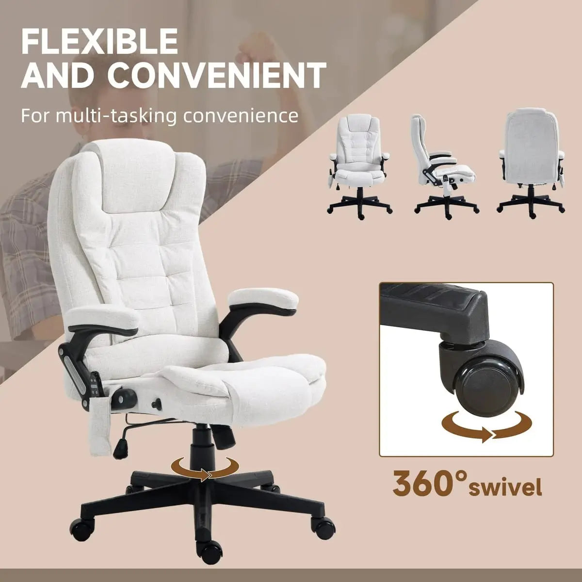 Cream-white Platinum-Level Office Massage Chair with heat and 6-point vibration for home office comfort and relaxation.