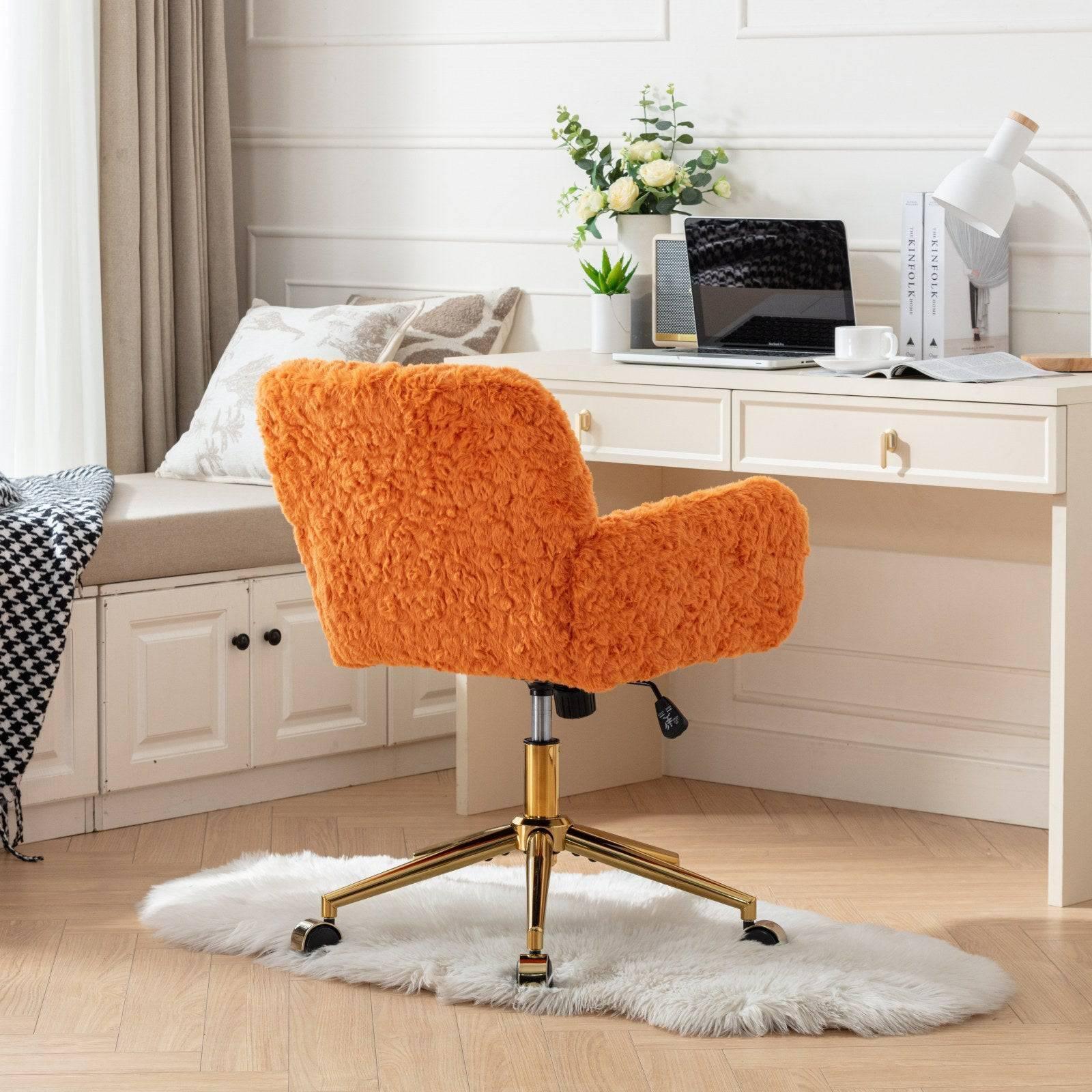 A&A Furniture Adjustable Swivel Office Chair with Golden Base, Plush Orange Upholstered Vanity Chair - Platinum-Level Office Chairs