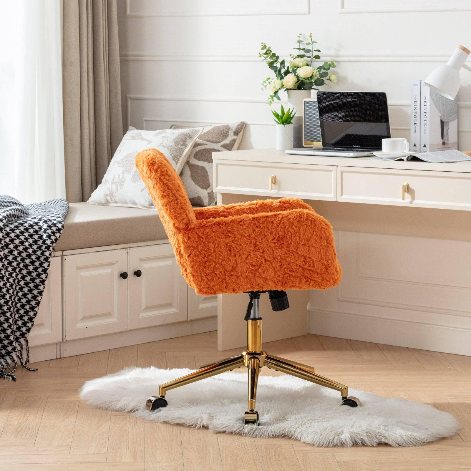 A&A Furniture Adjustable Swivel Office Chair with Golden Base, Plush Orange Upholstered Vanity Chair - Platinum-Level Office Chairs